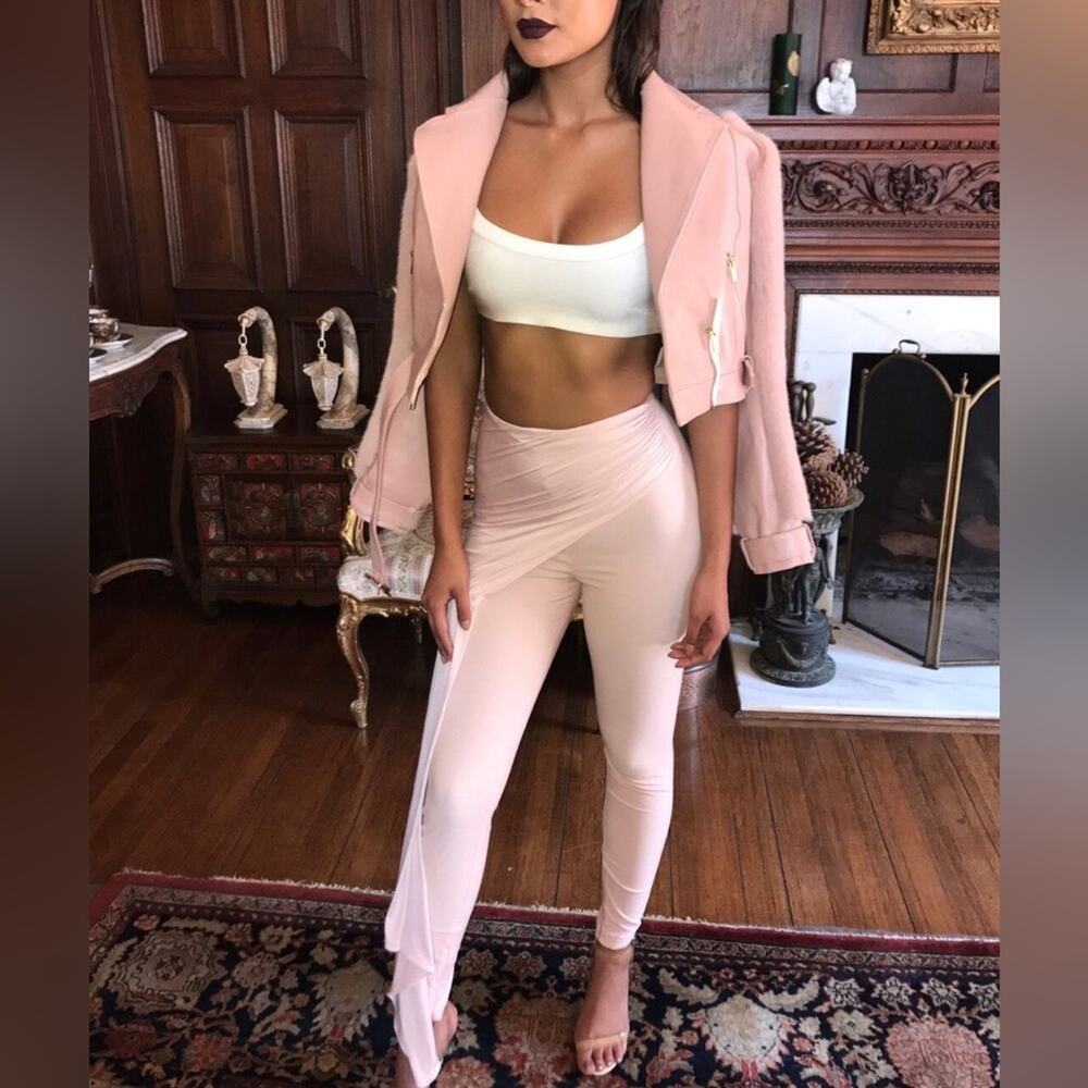 HOUSE OF CB Caixa Pale Light Pink Front Drape Asymmetric Stretch Trousers Pants